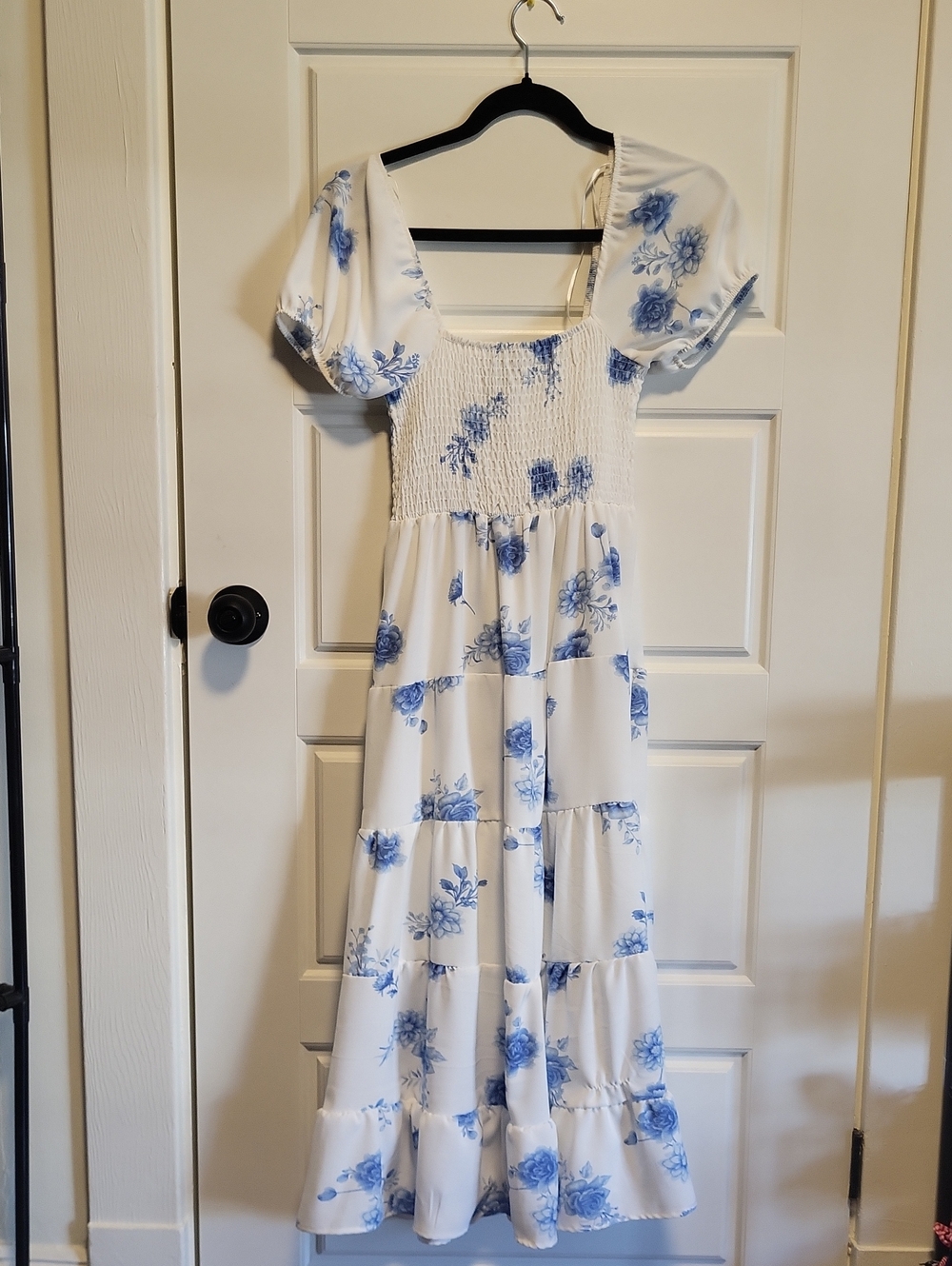 Streetwear Society White Maxi Dress with Blue Floral Print and Puff Sleeves